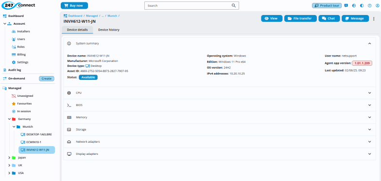 Web Portal showing a selected device in the display area. The Device details tab is selected, showing a system summary with information such as device name, manufacturer (Microsoft), device type (Desktop), asset ID, status (Available), operating system (Windows 10 Pro x64), IP address, username (netsupport), agent app version and last updated timestamp. Expandable sections for CPU, BIOS, Memory, Storage, Network adapters and Display adapters are listed. Buttons at the top include View, File transfer, Chat, and Message.